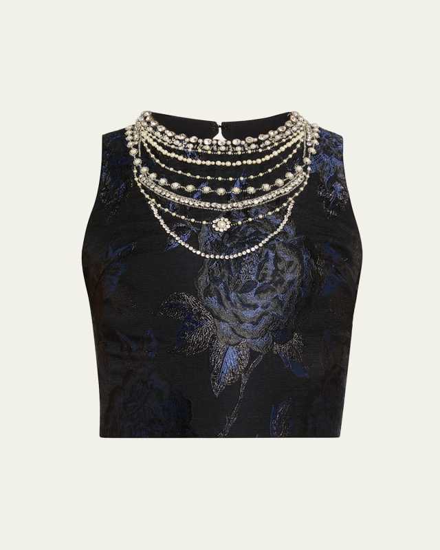Cherra Embellished Floral Jacquard Crop Top